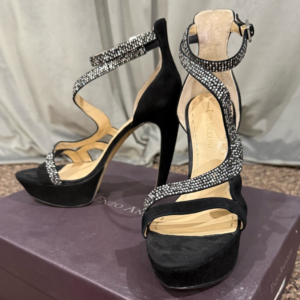 Enzo Angiolini Black and Silver Jeweled Strappy Heels